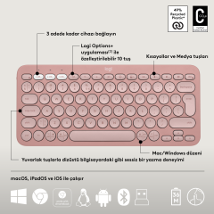 Logitech Pebble 2 Combo Çoklu Sessiz Kablosuz Türkçe Q Klavye Mouse Seti - Pembe 920-012247