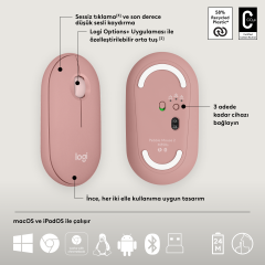 Logitech Pebble 2 Combo Çoklu Sessiz Kablosuz Türkçe Q Klavye Mouse Seti - Pembe 920-012247