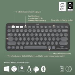 Logitech K380s Pebble Keys 2 Çoklu Cihaz Özellikli Bluetooth Türkçe Q Klavye - Siyah