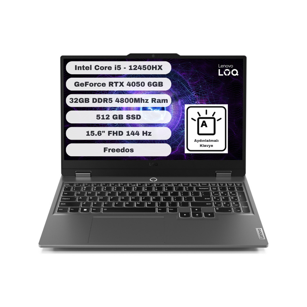 Lenovo LOQ 15IAX9 Intel Core i5 12450HX 32GB 512GB SSD RTX 4050 Freedos 15.6'' FHD Taşınabilir Bilgisayar 83GS007WTR32