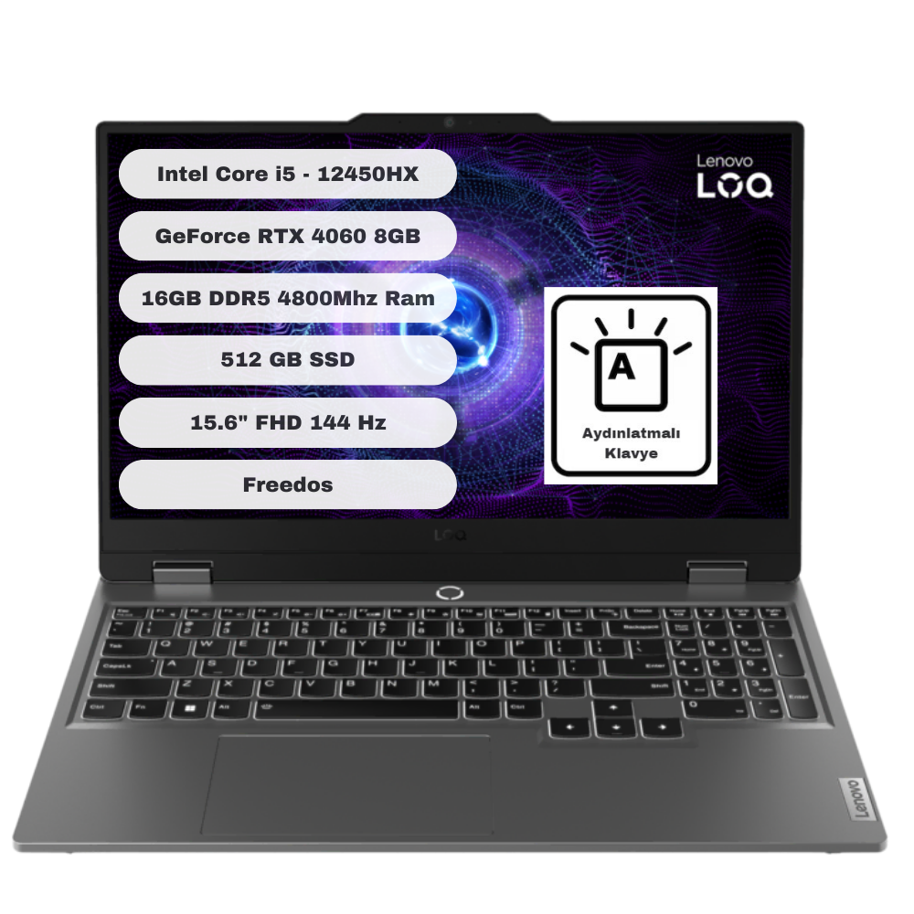 Lenovo LOQ 15IAX9 Intel Core i5 12450HX 16GB 512 GB SSD RTX4060 Freedos 15.6'' FHD  Taşınabilir Bilgisayar 83GS007XTR16