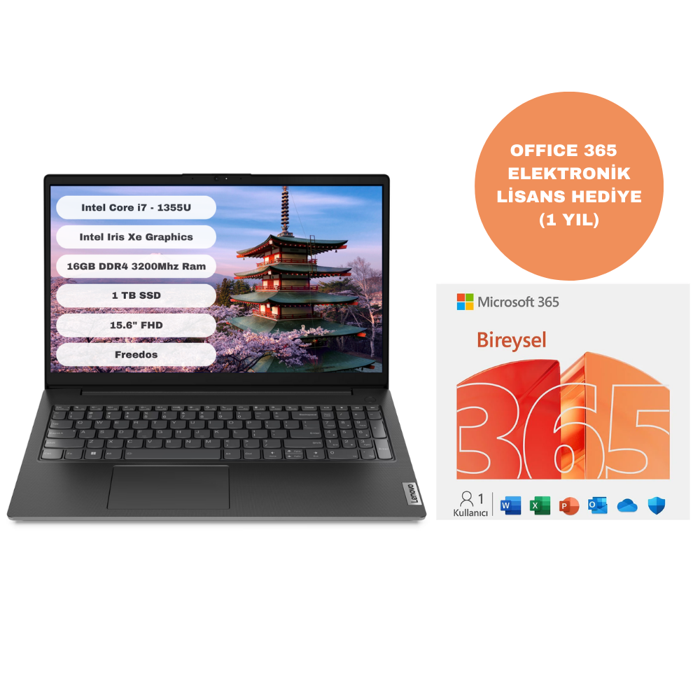 Lenovo V15 G4 IRU Intel Core i7 1355U 16GB 1TB SSD Freedos 15.6'' FHD 83A100HXTR + Office 365 Elektronik Lisans Hediye