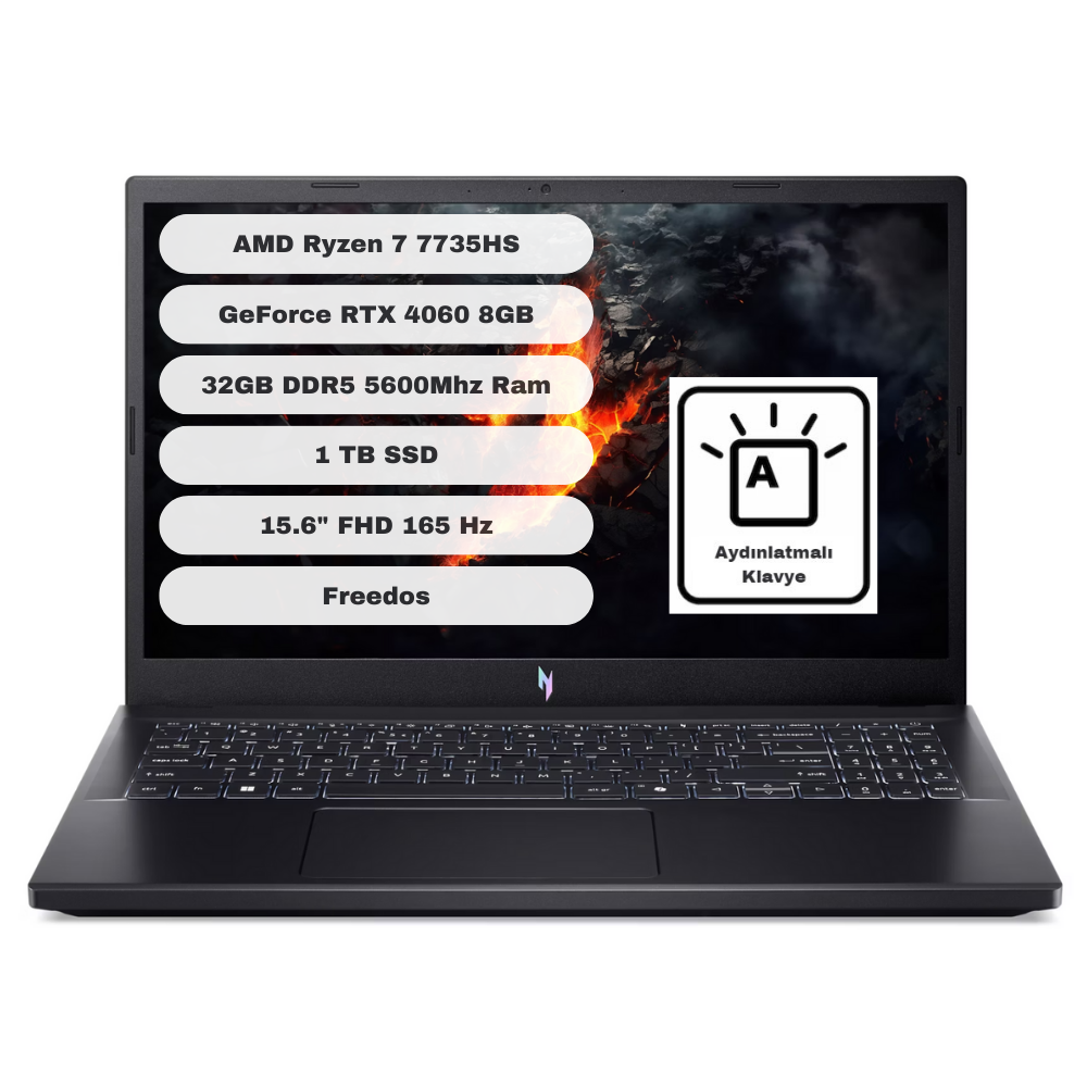 Acer Nitro V15 ANV15-41 GTI132 Amd Ryzen 7 7735HS 32GB 1tb SSD RTX4060 Freedos 15.6'' Taşınabilir Gaming Bilgisayar NH.QSFEY.001