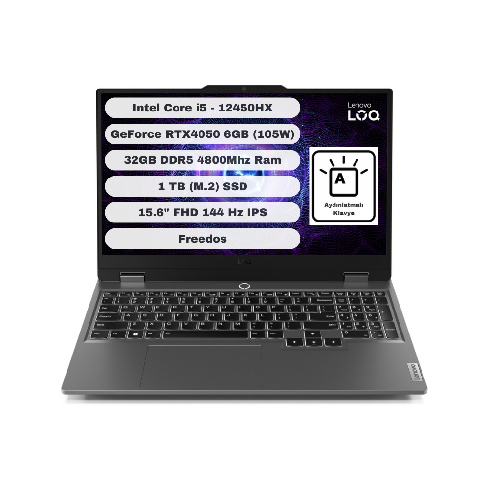 Lenovo Loq 15IAX9 GTI132 Intel Core I5 12450HX 32GB 1TB SSD RTX 4050 Freedos 15.6'' FHD Taşınabilir Bilgisayar 83GS007WTR