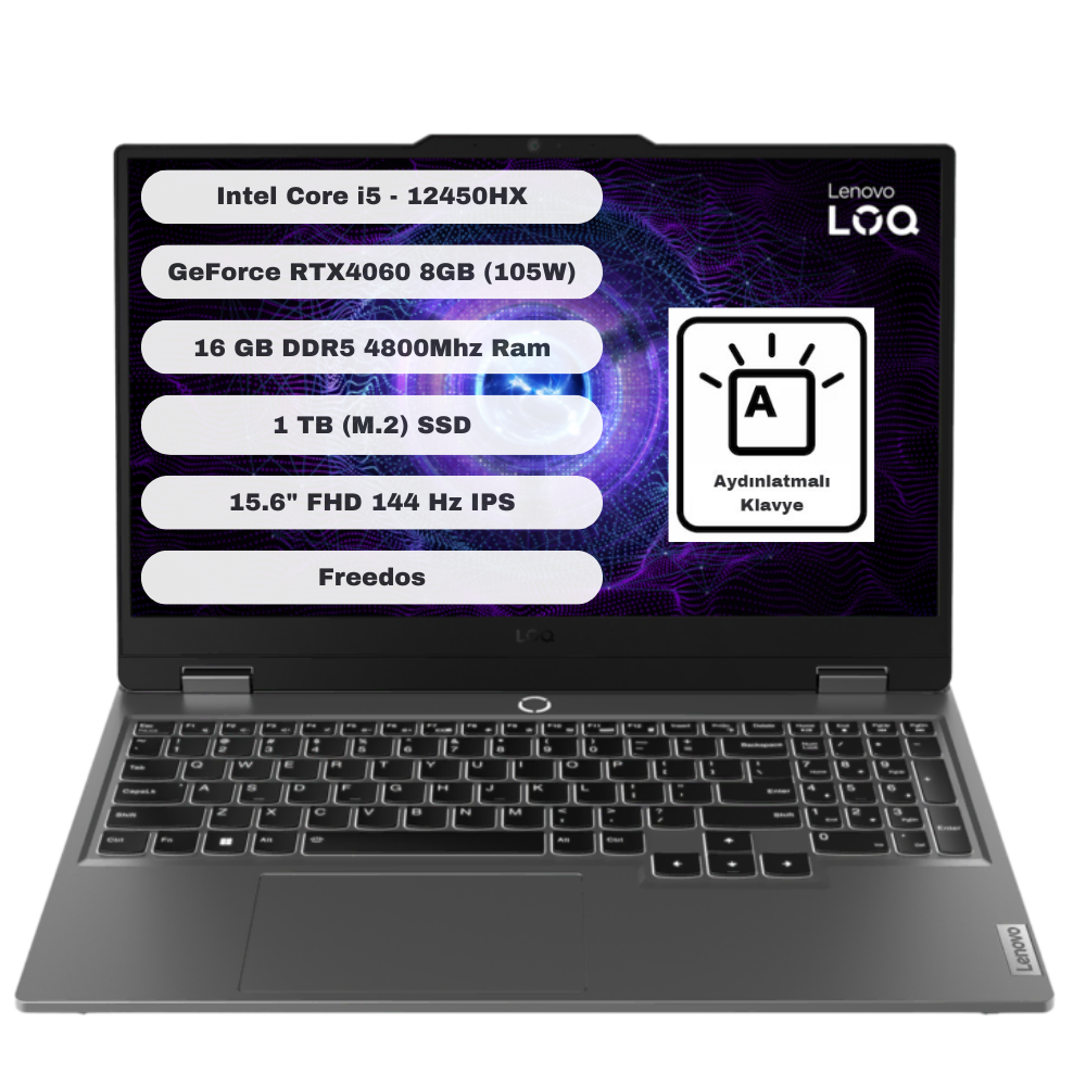 Lenovo Loq 15IAX9 GTI116 Intel Core I5 12450HX 16GB 1TB SSD RTX4060 Freedos 15.6'' FHD Taşınabilir Bilgisayar 83GS007XTR