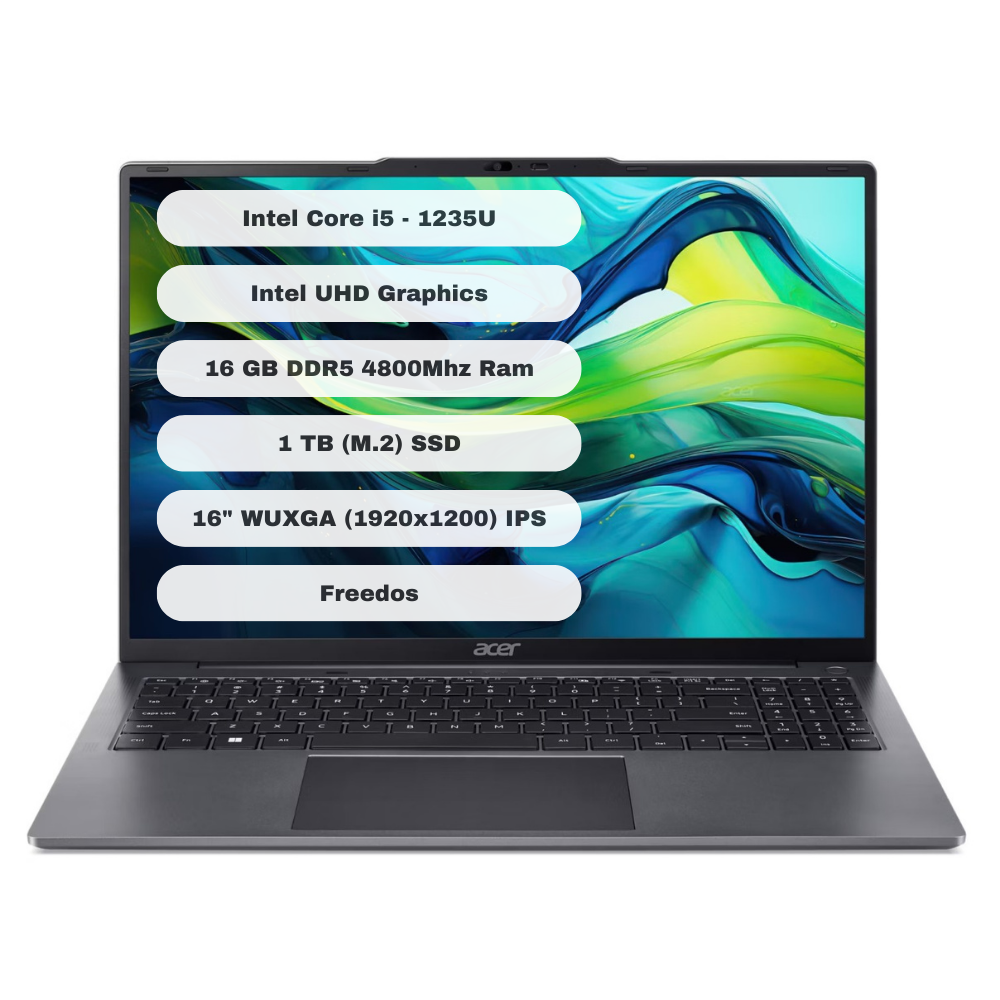 Acer Aspire Lite AL16-51P-580H GTI116 Intel Core i5 1235U 16GB 1TB SSD Freedos 16'' Taşınabilir Bilgisayar NX.KWZEY.001