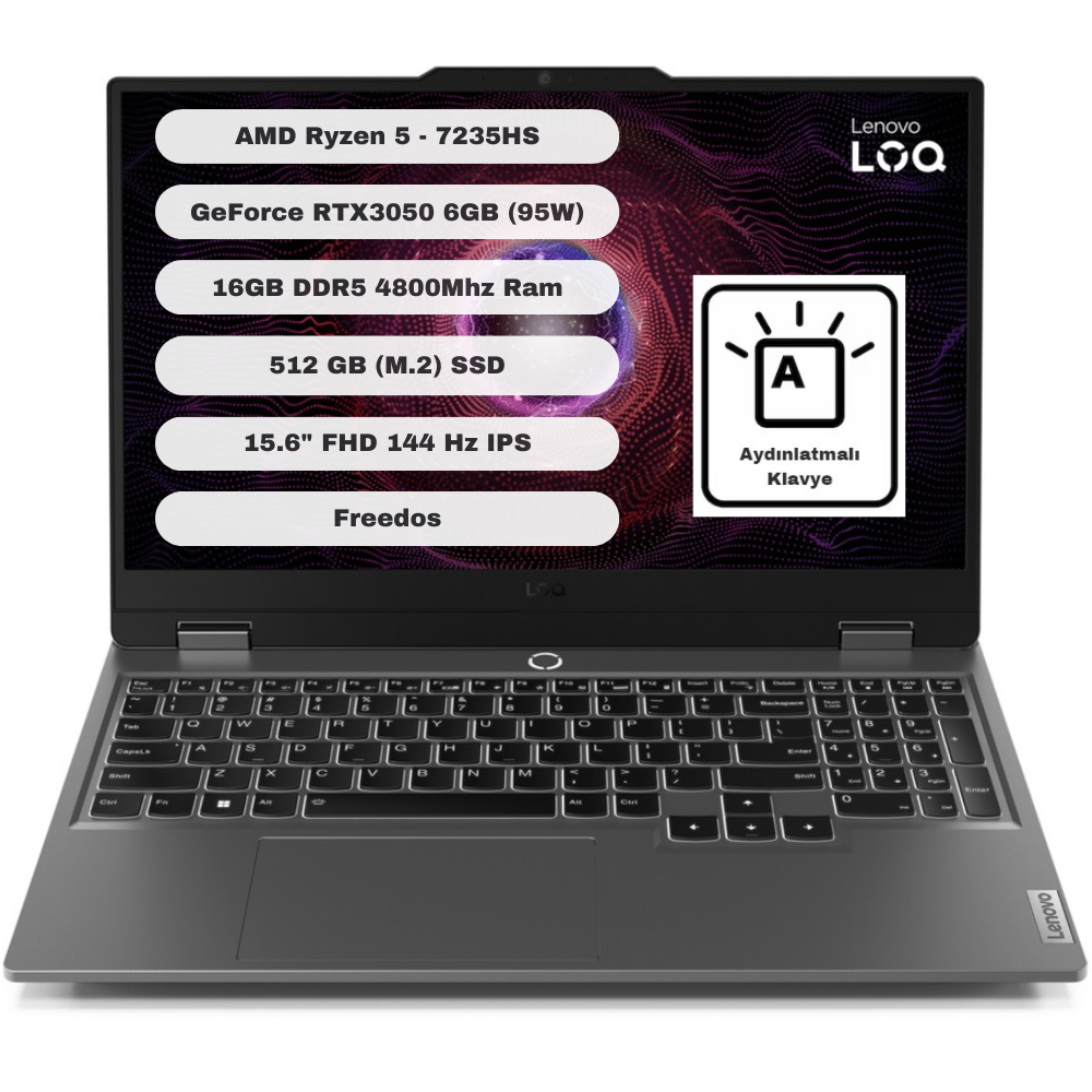 Lenovo LOQ 15ARP9 AMD Ryzen 5 7235HS 16GB 512GB SSD RTX3050 Freedos 15.6'' FHD Taşınabilir Bilgisayar 83JC000QTR