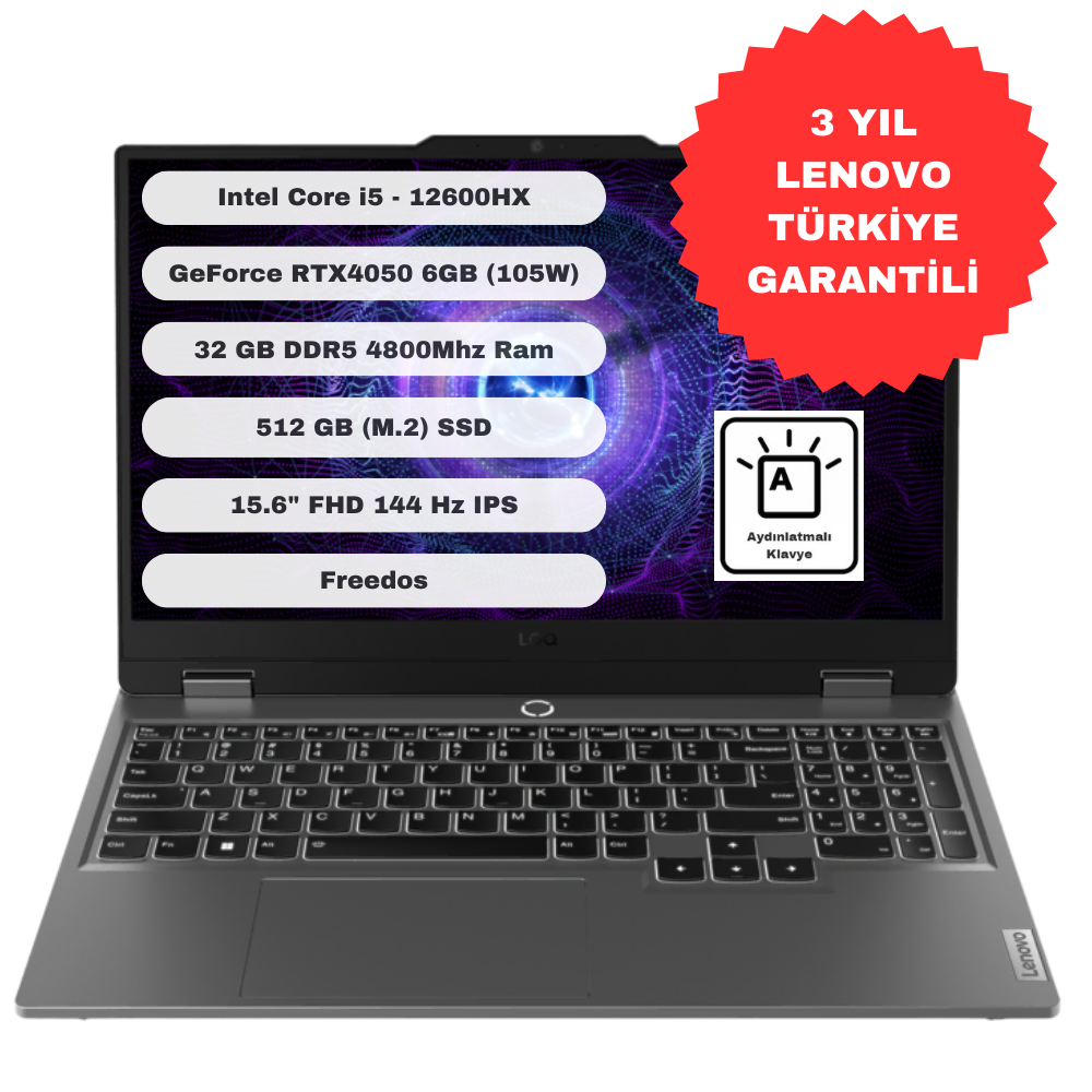 Lenovo Loq 15IAX9 GTI32 Intel Core I5 12600HX 32GB 512GB SSD RTX4050 Freedos 15.6'' FHD Taşınabilir Bilgisayar 83GS00PETR