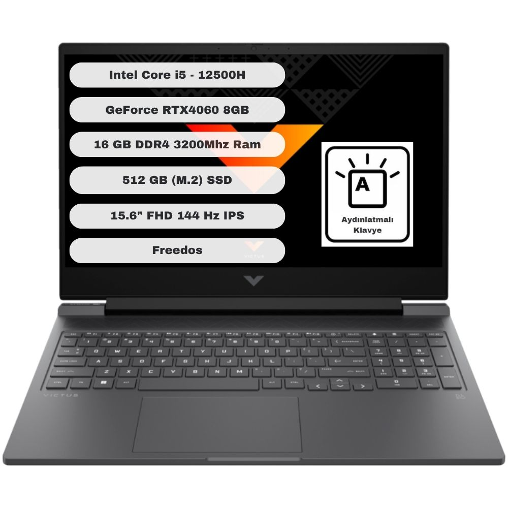 HP Victus Gaming 15 Intel Core i5 12500H 16GB 512GB SSD RTX4060 Freedos 15.6'' Taşınabilir Bilgisayar B03C7EA