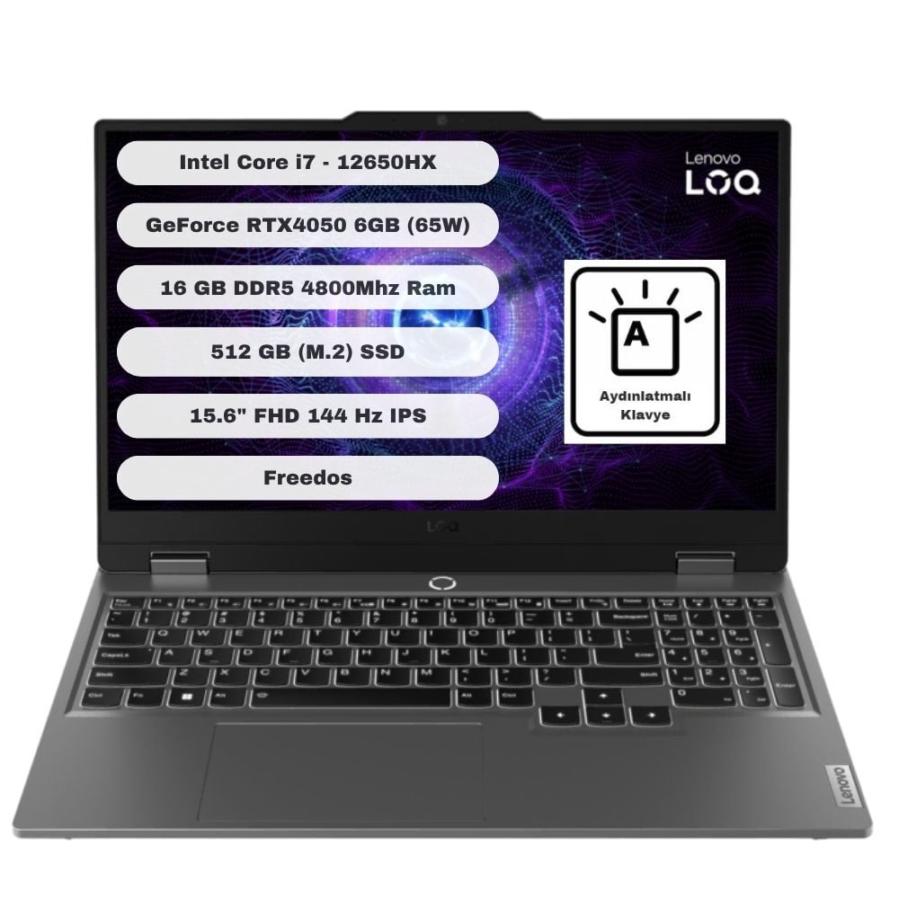 Lenovo LOQ Intel Core i7 12650HX 16GB 512GB SSD RTX4050 Freedos 15.6'' FHD Taşınabilir Bilgisayar 83LK002VTR