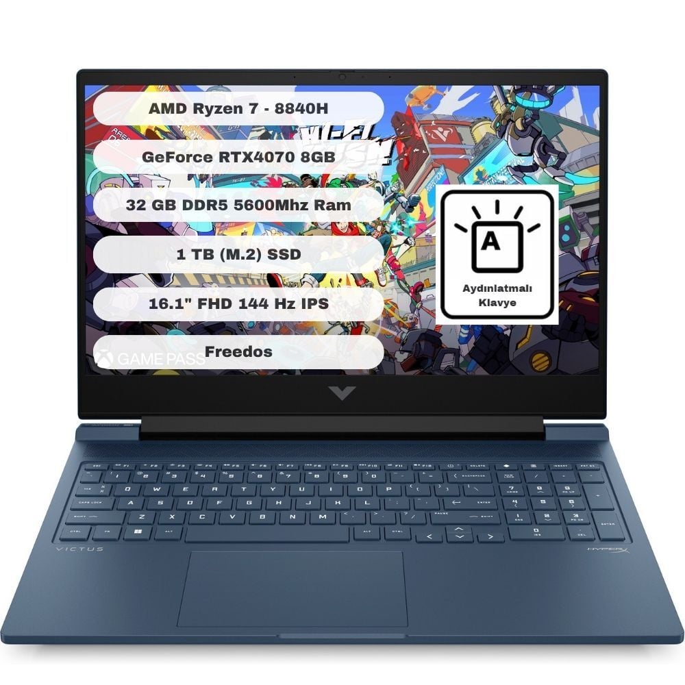 HP Victus 16-S1003NT AMD Ryzen 7 8840H 32GB 1TB SSD RTX4070 16.1'' Freedos FHD Taşınabilir Bİlgisayar A05N7EA