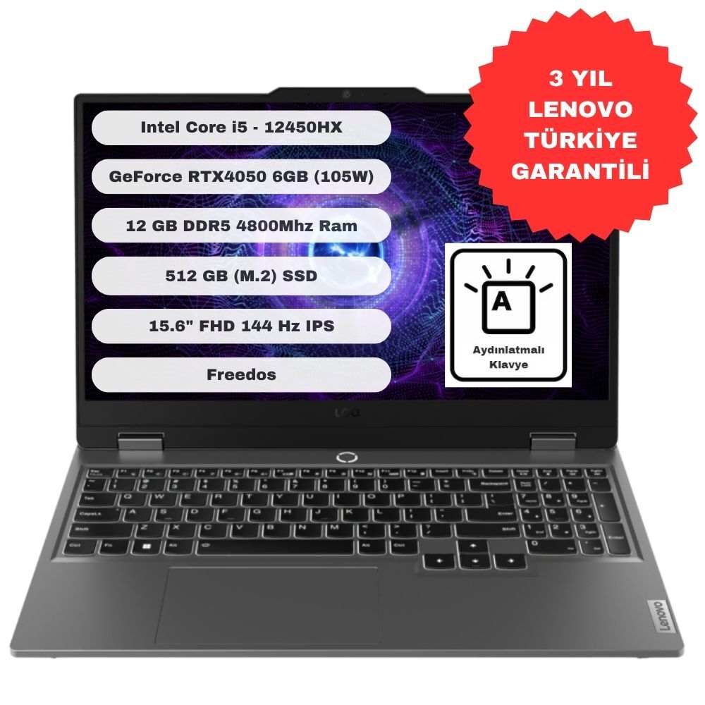Lenovo LOQ 15IAX9 Intel Core i5 12450HX 12GB 512GB SSD RTX4050 Freedos 15.6'' FHD Taşınabilir Bilgisayar 83GS00Q7TR