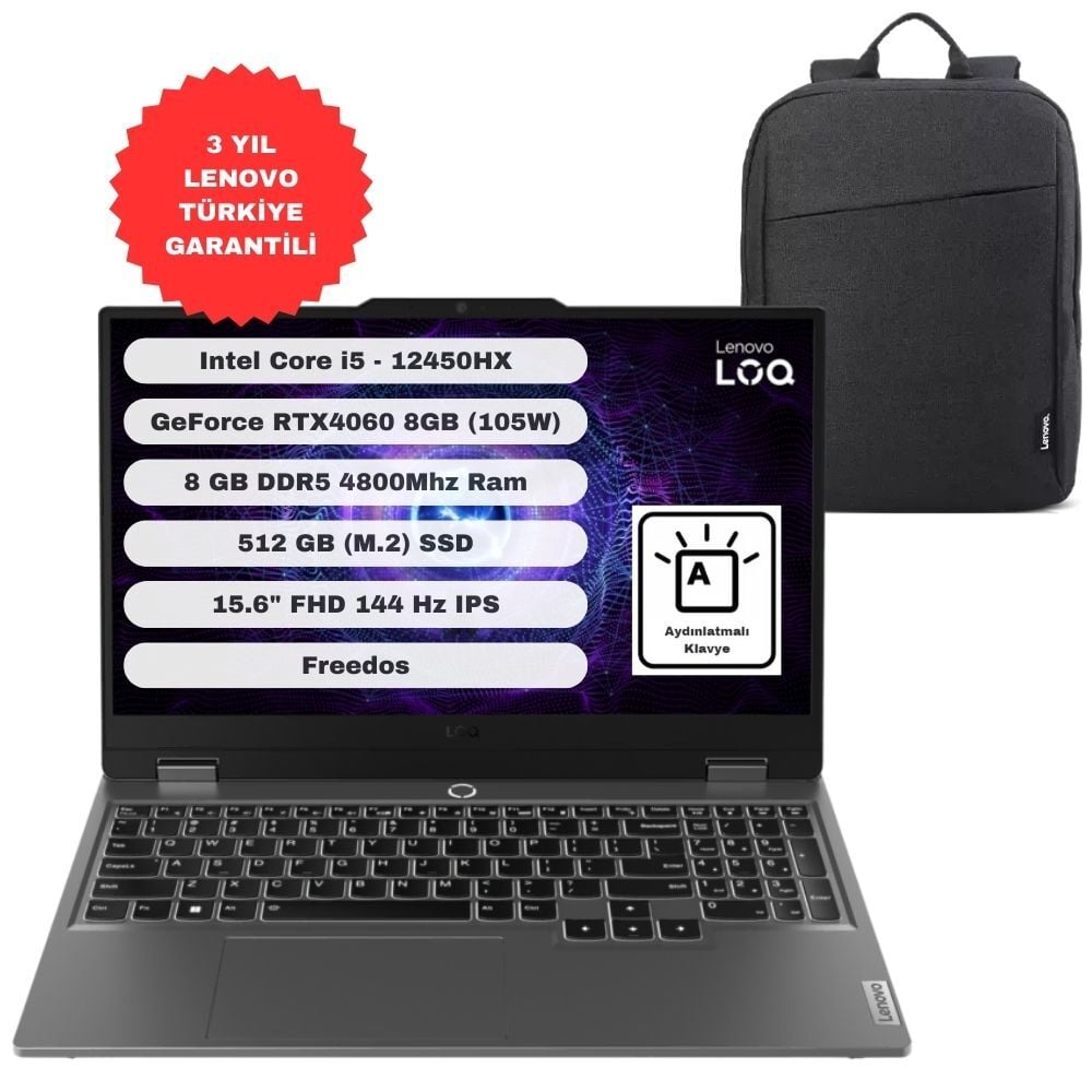 Lenovo LOQ 15IAX9 GTICNT Intel Core I5 12450HX 8gb 512GB SSD RTX4060 Freedos 15.6'' FHD 83GS00PGTR + Çanta Hediyeli