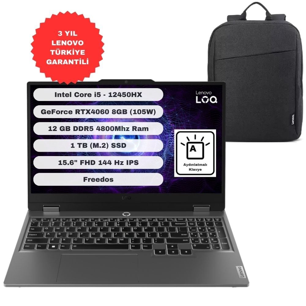 Lenovo LOQ 15IAX9 GTICNT Intel Core i5 12450HX 12GB 1TB SSD RTX4060 Freedos 15.6” FHD 83GS00PHTR + Çanta Hediyeli