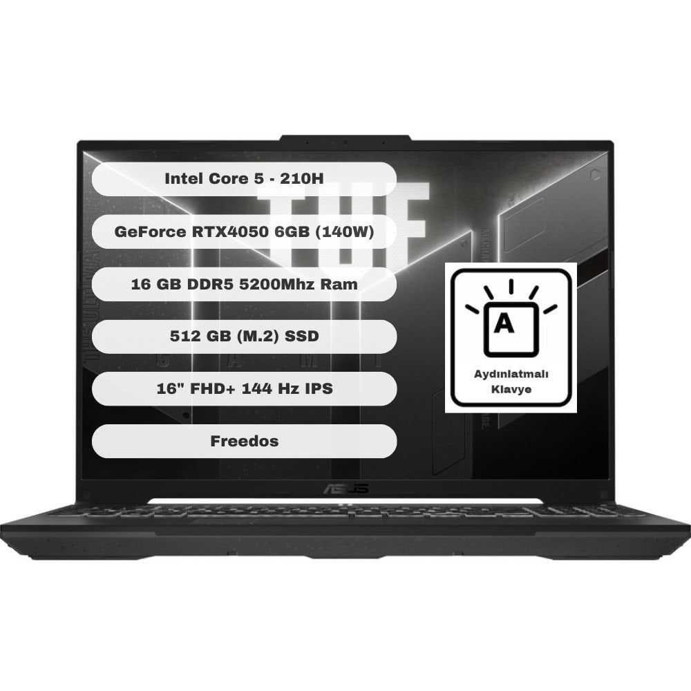 Asus TUF Gaming Intel Core 5 210H 16GB 512GB SSD RTX4050 Freedos 16'' FHD+ FX607VU-RL017