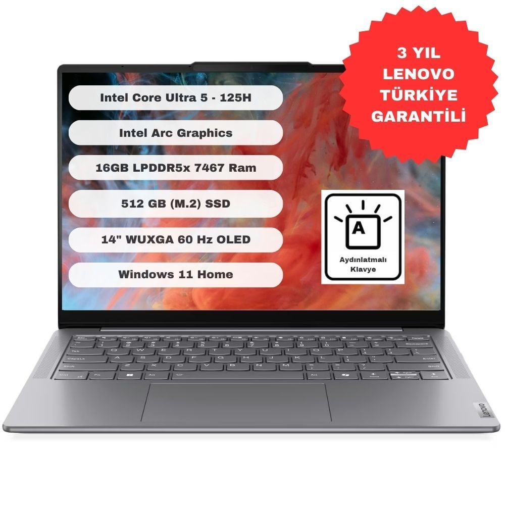 Lenovo Yoga Slim 7 Intel Core Ultra 5 125H 16GB 512GB SSD Windows 11 Home 14'' WUXGA Taşınabilir Bilgisayar 83CV007NTR