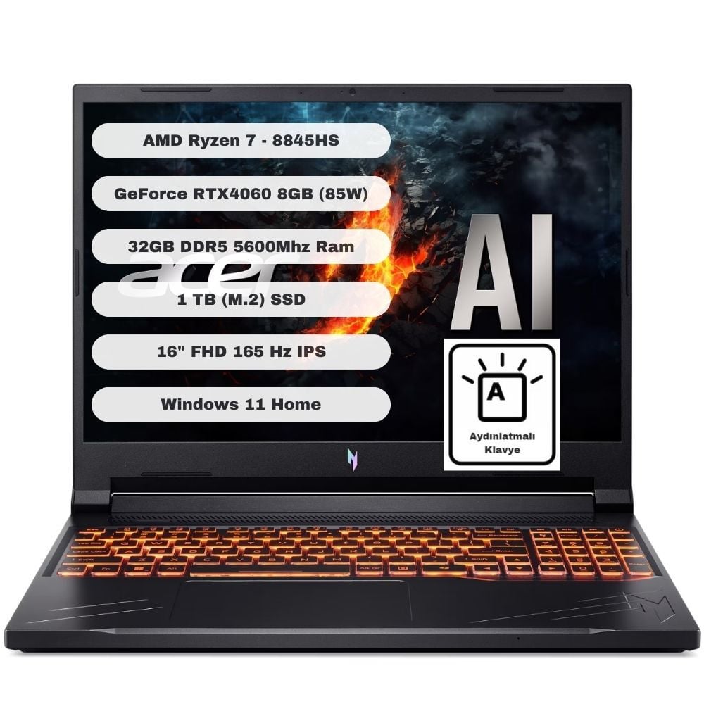 Acer Nitro ANV16-41 NH.QP0EY.002 AMD Ryzen 7 8845HS 32GB 1TB SSD RTX4060 Windows 11 Home 16'' 165Hz