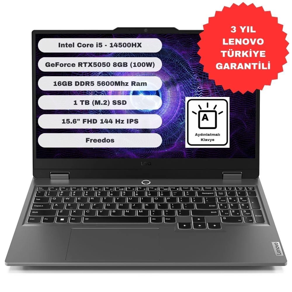 Lenovo LOQ 15IRX10 83JE012FTR Intel Core i5 14500HX 16GB 1TB SSD RTX 5050 Freedos 15.6'' FHD