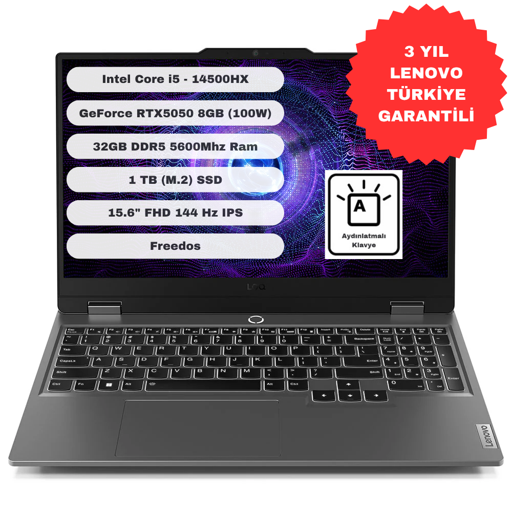 Lenovo Loq 15IRX10 GTI32 Intel Core I5 14500HX 32GB 1tb SSD Rtx 5050 Freedos 15.6'' Fhd 83JE012FTR