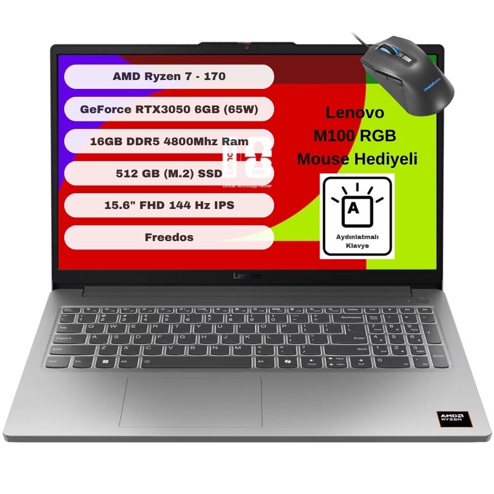 Lenovo LOQ 15ARP10E 83S000E0TR AMD Ryzen 7 170 16GB 512GB SSD RTX 3050 Freedos 15.6'' FHD