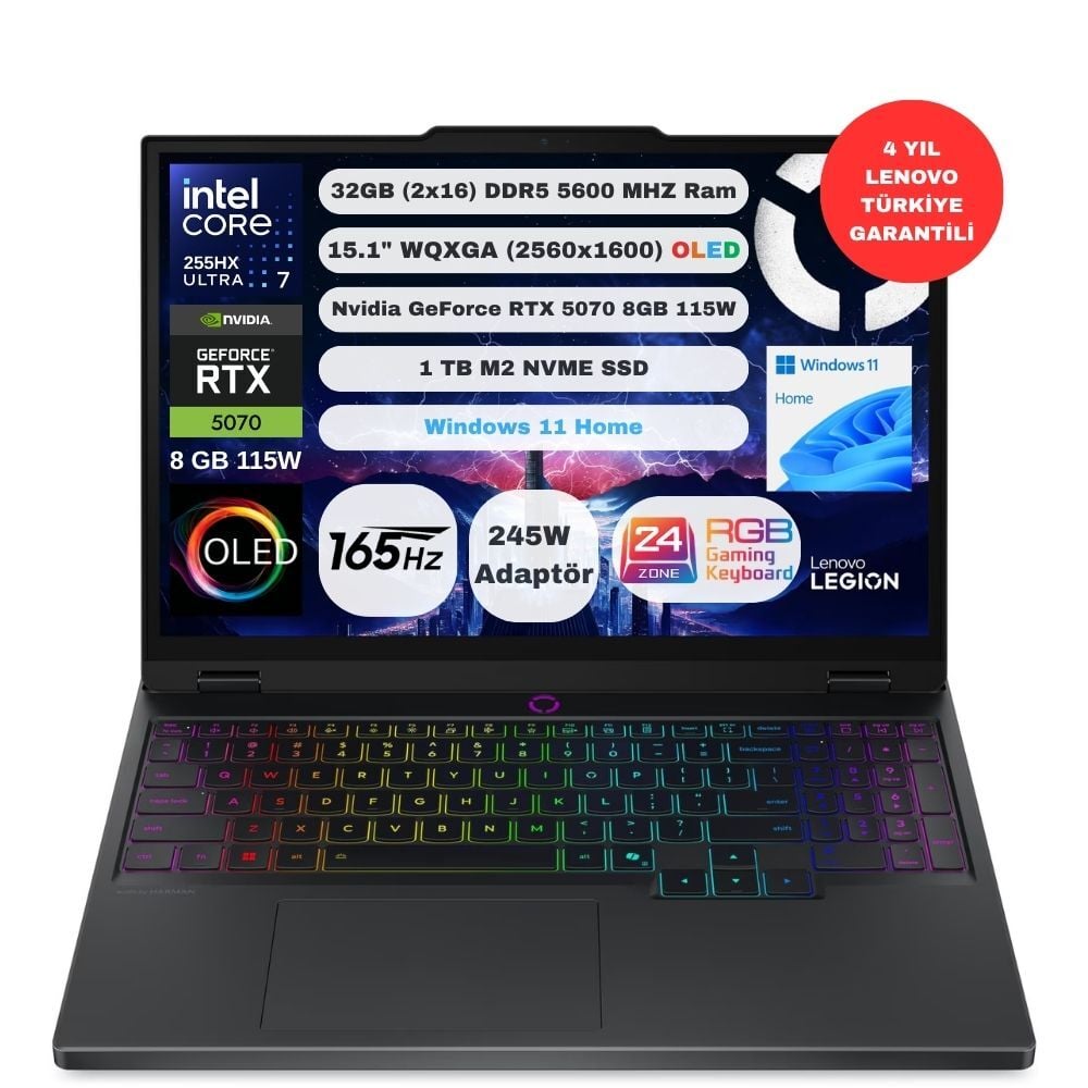 Lenovo Legion 5 15IAX10 83F00087TR Intel Core Ultra 7 255HX 32GB 1TB SSD RTX 5070 W11 Home 15.1''