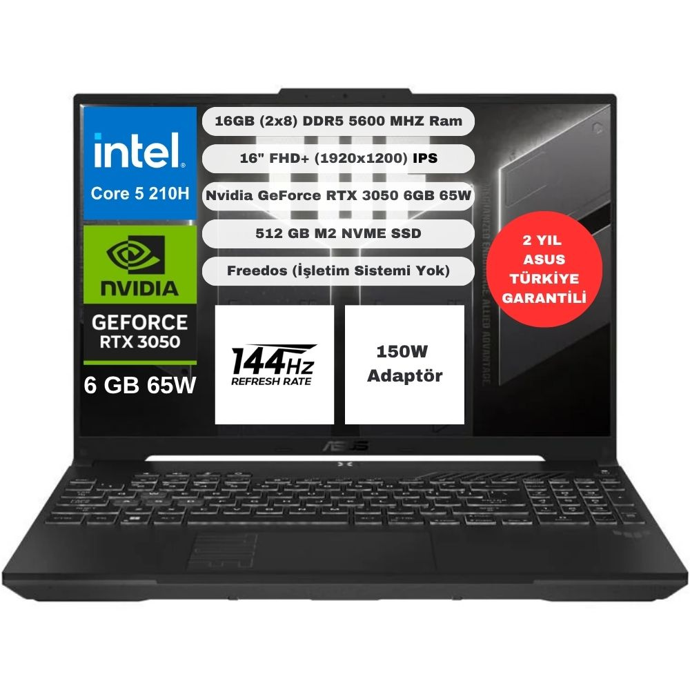 Asus Tuf Gaming  Intel Core 5 210H 16GB 512GB SSD RTX3050 Freedos 16'' FHD