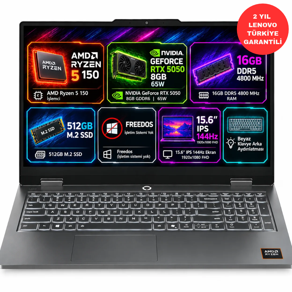 Lenovo LOQ Essential 15ARP11 83VA003BTR AMD Ryzen 5 150 16GB 512GB SSD  RTX5050 Freedos 15.6'' FHD