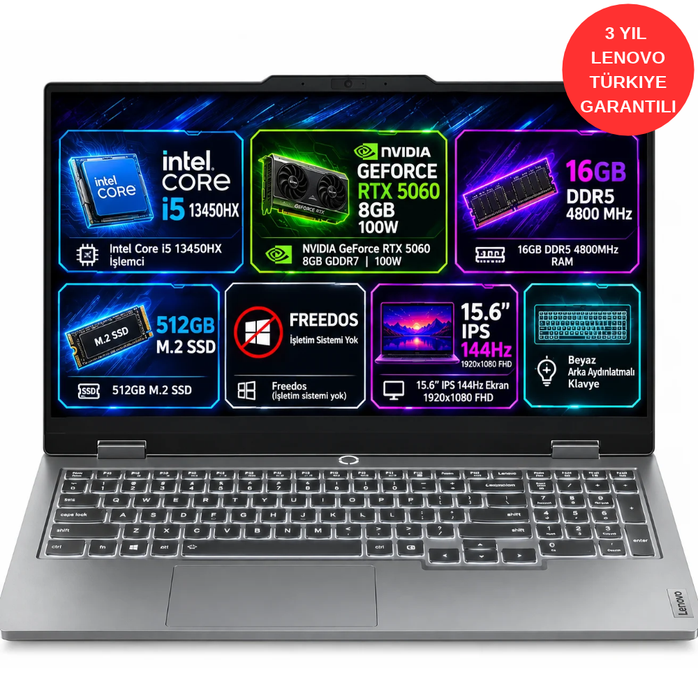 Lenovo LOQ 15IRX10 83JE00JMTR Intel Core i5 13450HX 16GB 512GB SSD RTX5060 Freedos 15.6'' FHD